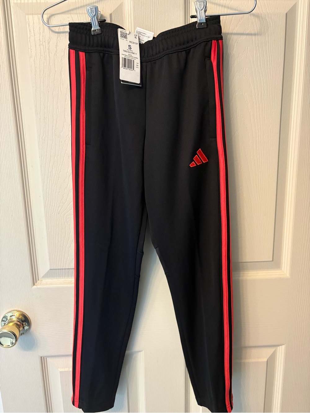 NWT Adidas Kids Tiro Essentials Soccer Pants Black with Red Stripe Size Small